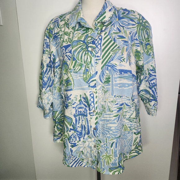 RACHEL ROY Linen Blend Lightweight Button Down Shirt Tropical Leaf Print 1X NWT - Picture 6 of 10